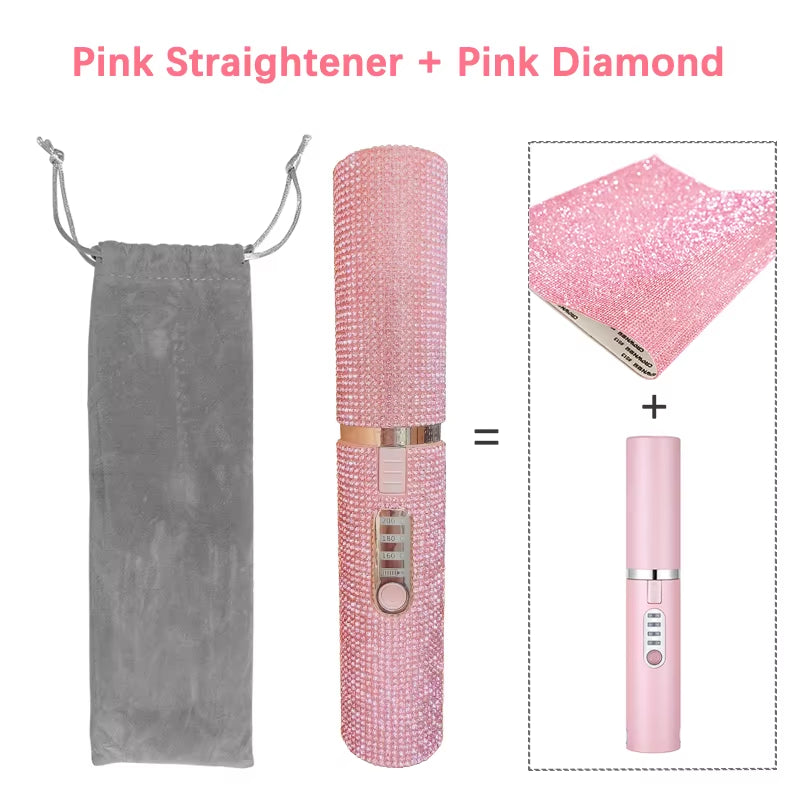 2-IN-1 Electric USB Hair Straightener Curler Fashion Colored Diamond Design Wireless Travel Hair Straightening Styler Brush