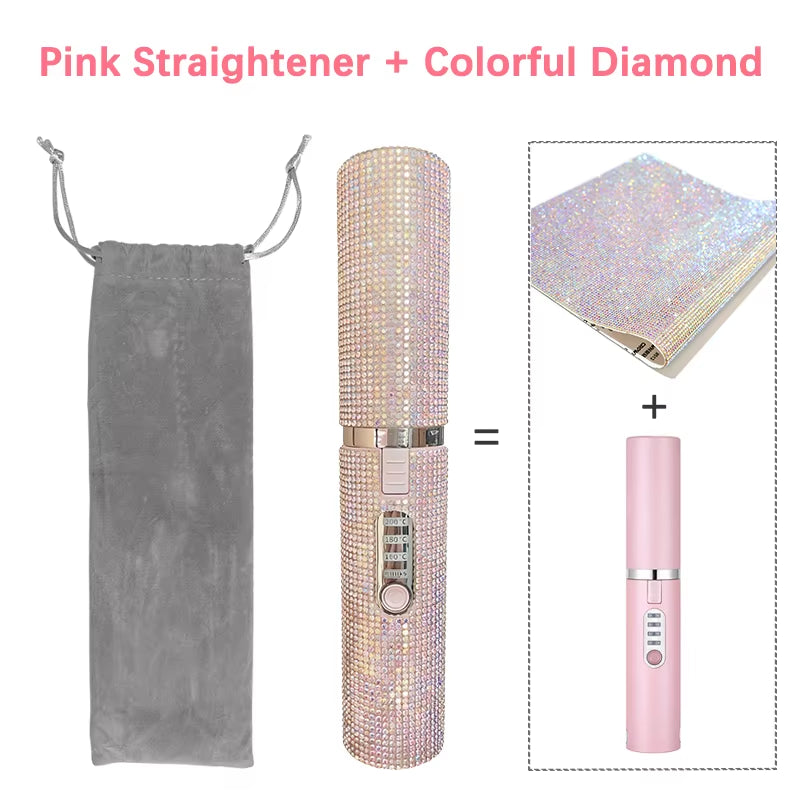 2-IN-1 Electric USB Hair Straightener Curler Fashion Colored Diamond Design Wireless Travel Hair Straightening Styler Brush