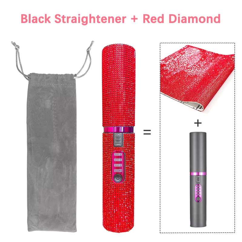 2-IN-1 Electric USB Hair Straightener Curler Fashion Colored Diamond Design Wireless Travel Hair Straightening Styler Brush