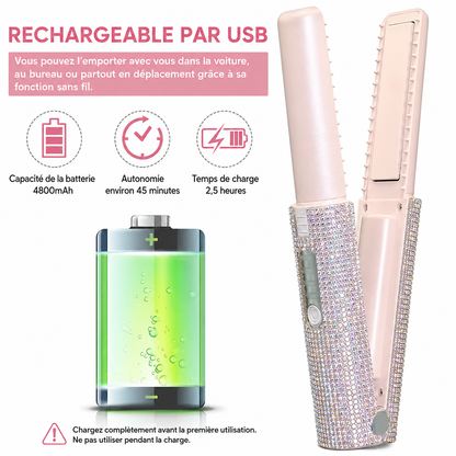 2-in-1 Cordless USB Hair Straightener and Curler – Diamond Design, Travel-Friendly, LED Display