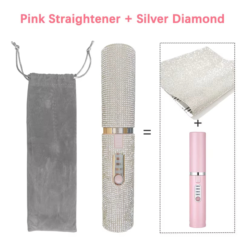 2-IN-1 Electric USB Hair Straightener Curler Fashion Colored Diamond Design Wireless Travel Hair Straightening Styler Brush