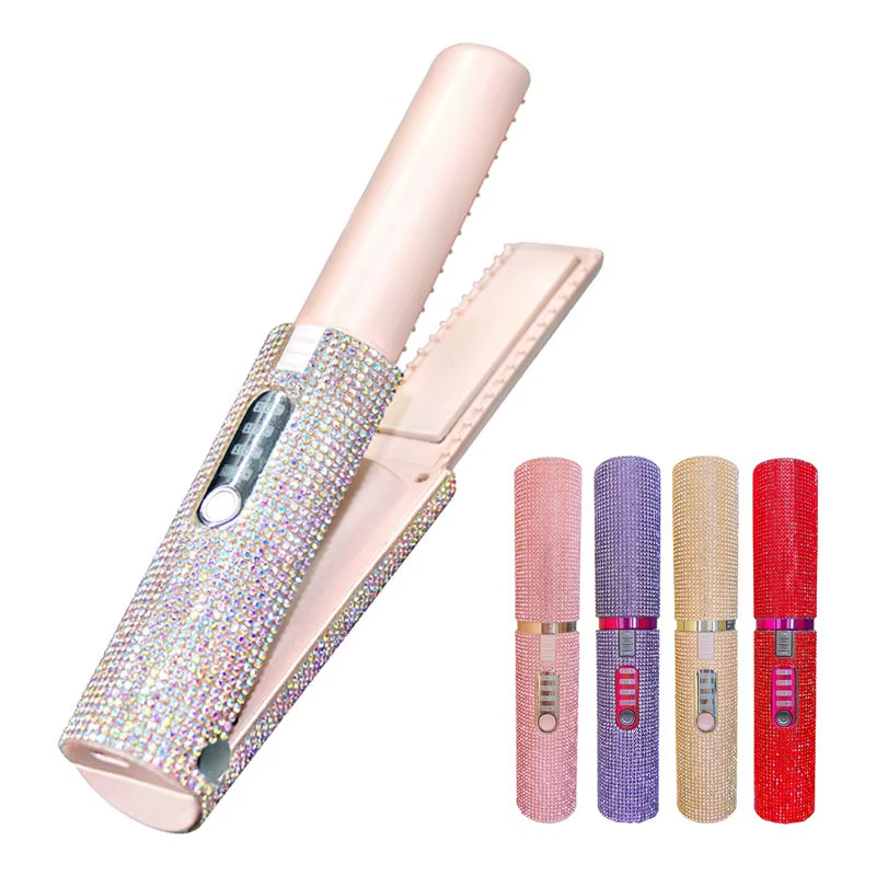 2-IN-1 Electric USB Hair Straightener Curler Fashion Colored Diamond Design Wireless Travel Hair Straightening Styler Brush