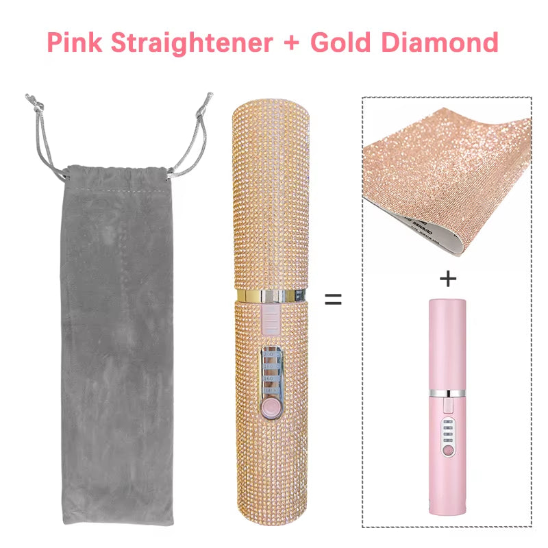 2-IN-1 Electric USB Hair Straightener Curler Fashion Colored Diamond Design Wireless Travel Hair Straightening Styler Brush