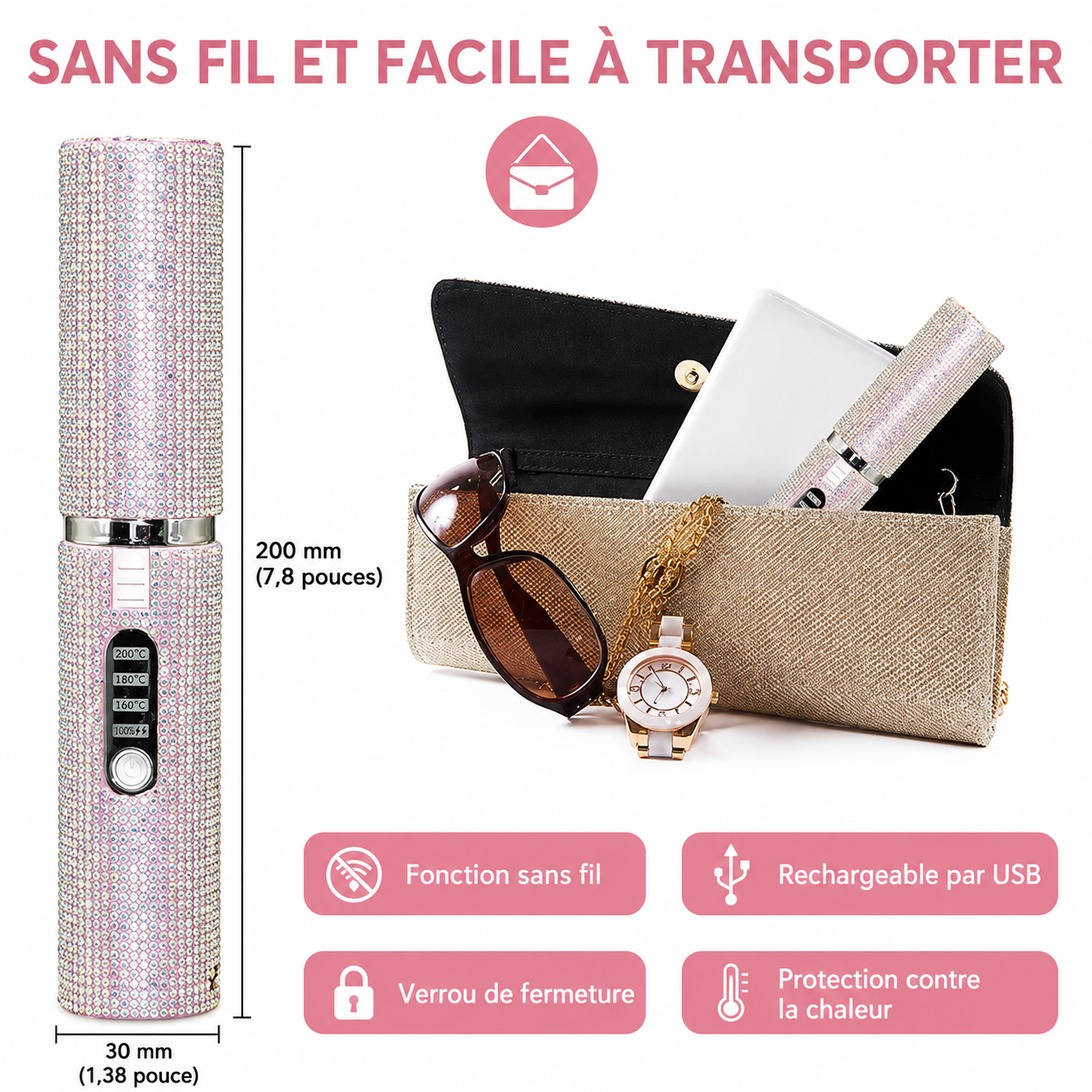 2-in-1 Cordless USB Hair Straightener and Curler – Diamond Design, Travel-Friendly, LED Display